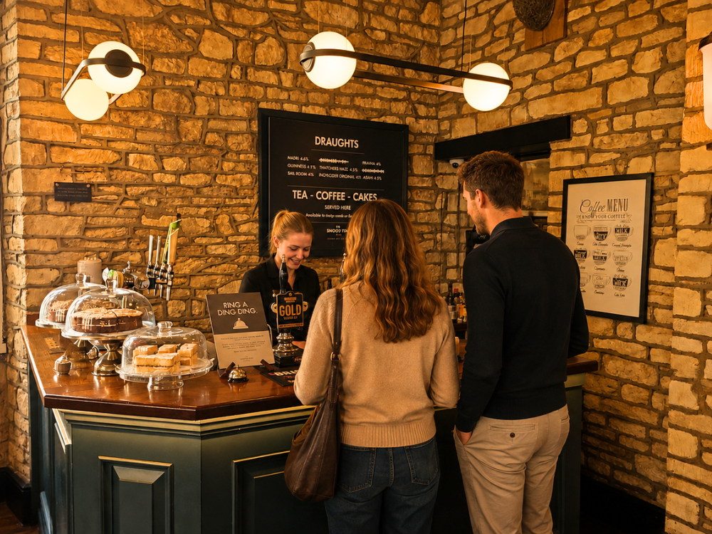 Three customers at a cozy cafe counter with staff member, stone walls, and cake stands under warm pendant lights
